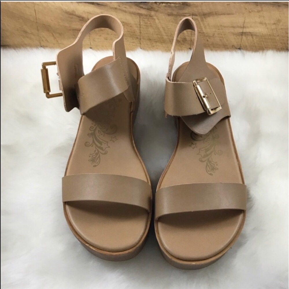 Tan block platform sandals